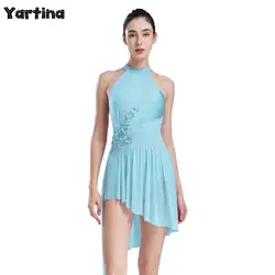 Women’s Shiny Rhinestones Gymnastic Artistic Skating Costume Ballet Lyrical Dance Leotard Dress Mesh Tulle High Low Skirt Dress