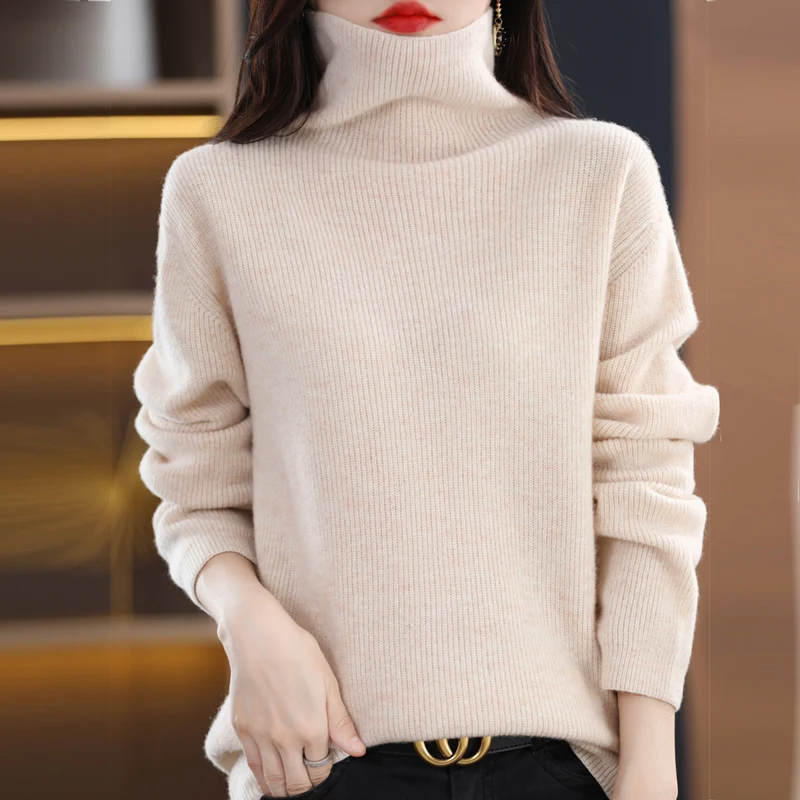 2024 Autumn/Winter Women\'s Cashmere Sweater, Women\'s High Collar Pullover, Warm Loose Knitted Thick Sweater, Jacket Top