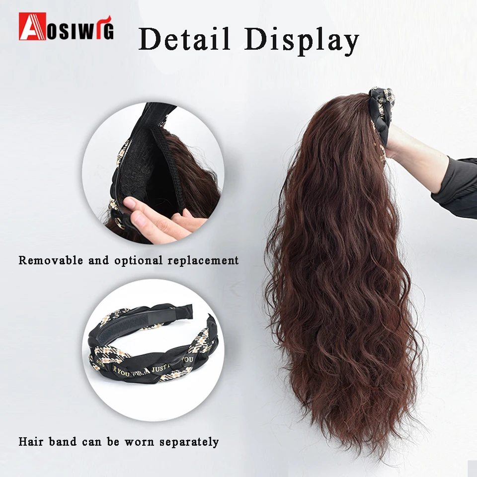 AOSIWIG Long Wavy Curly Hairpiece Removable Headband Wig Women's Synthetic Cover Wig Natural Water Wave Natural Hairpiece