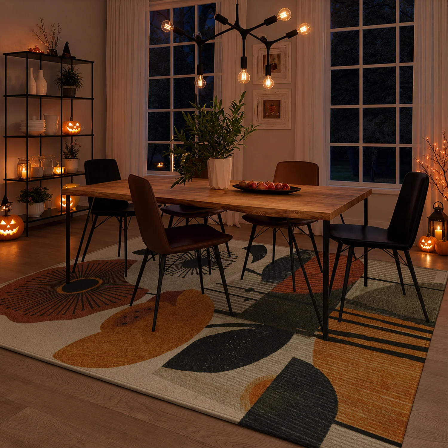 Large Indoor Area Rug, Soft Velvet Low Pile with Non-Slip Dotted Backing, Machine Washable Mid-Century Modern Floral Abstract Rug for Living Room Bedroom, Warm Terracotta Mustard Cream Tones Home Floor Decor