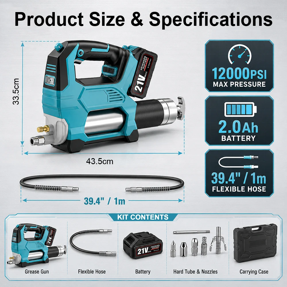 SIHAO 12000PSI Electric Grease Gun Kit Cordless Brushless High Pressure Greasing Machine Oil Tool Set 39.4" Flexible Hose view 6