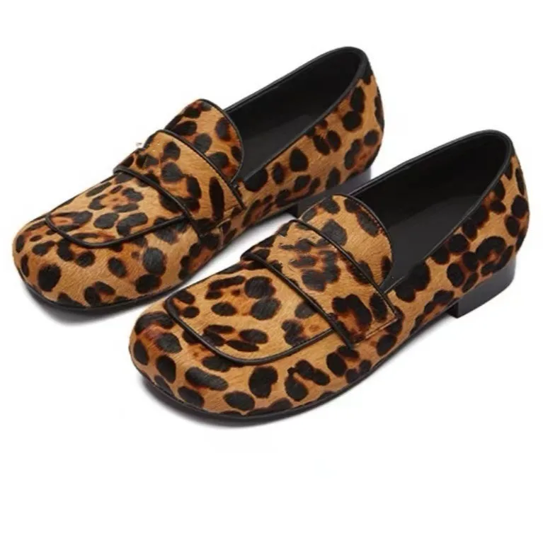 

Leopard Green Horsehair Leisure Loafers Square Toe Low Heels Pony Hair Slip on Flat Shoes Feminina Outfit Causal Shoes