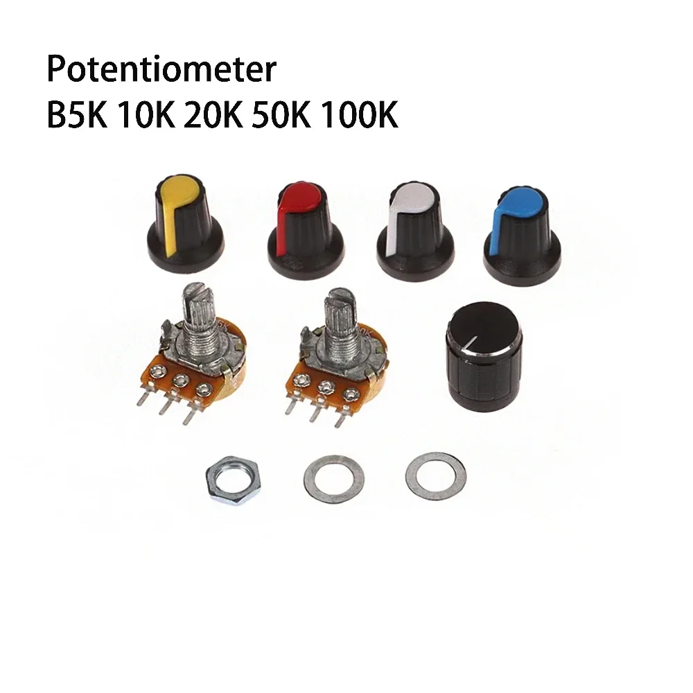 Single potentiometer B5K/10K/20K/50K/100K with 20 black, white, blue, red and yellow knob cap set boxed
