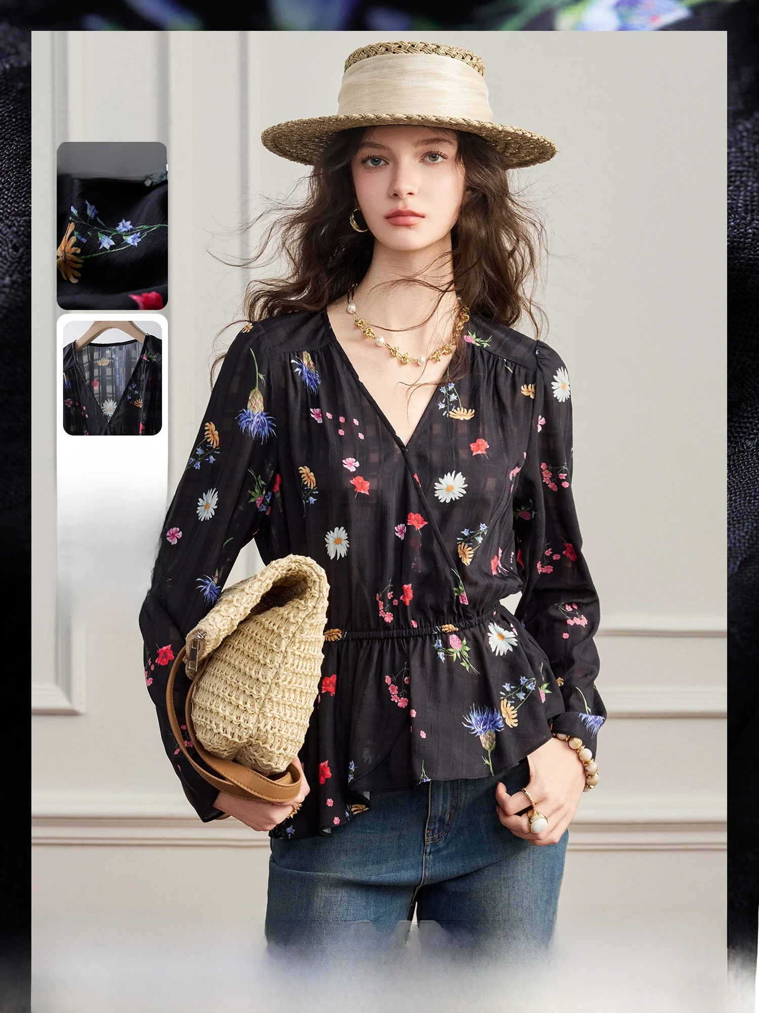

Women's Long Sleeve V-Neck Printed Shirt Waist-Cinching Commute Style Polyester Fiber 2026 Spring Season Regular Sleeve Length