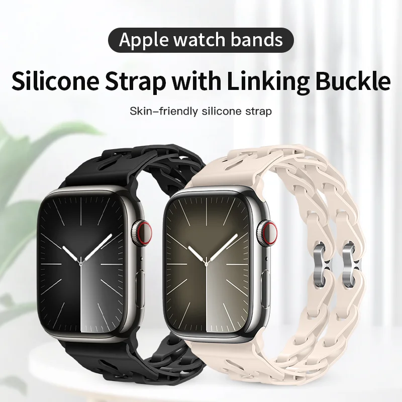 Silicone link Strap For Apple Watch band 44 mm 40mm ultra-2 49 45mm 41 38mm 42 Double Tour bracelet for series 9 8 7 6 5 4 3 se