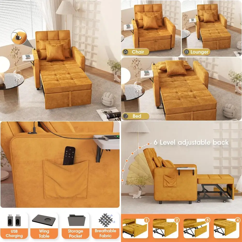 3-in-1 Velvet Sofa Bed with Wing Table and USB Ports, Adjustable Backrest Sleeper Chair, Easy Assembly, Yellow