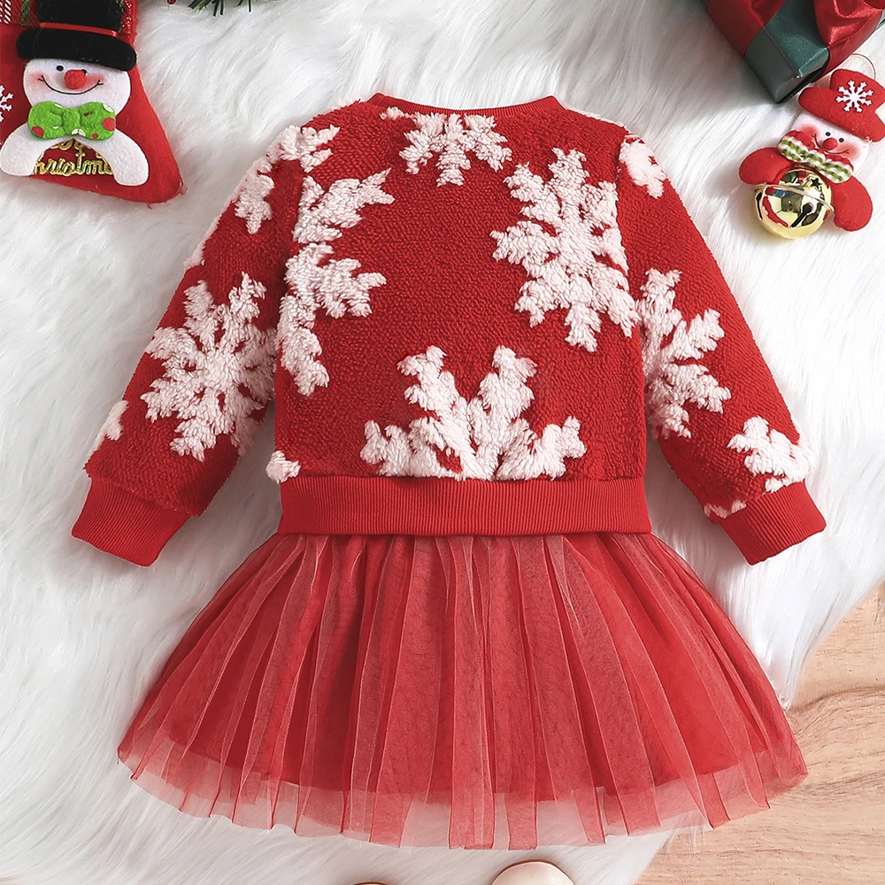 Ball Gown Kids Girls 9M-4Y My First Christmas Plush Snowflake Long-sleeve Splicing Mesh Dress Warming Toddler New Year Costume