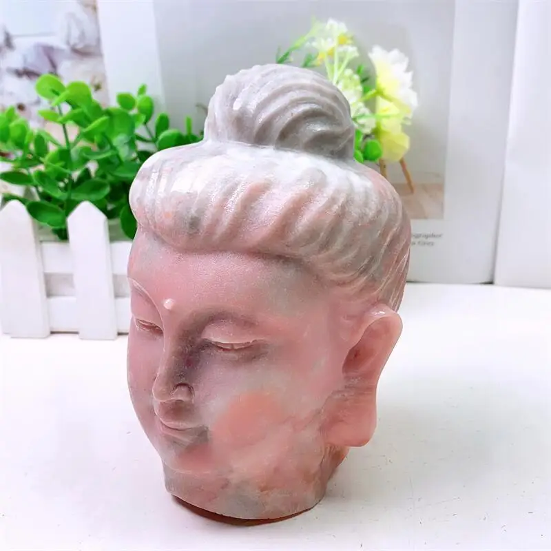 13.5MM Natural Pink Opal Buddha Head Carving Crystals Protective Healing For Home Office Desk Decoration 1PCS