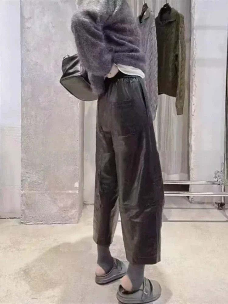 Trousers Women Autumn Winter High Waist Faux Layered Loose Straight Casual Protein Pu Leather Slimming Versatile Wide Leg Pants