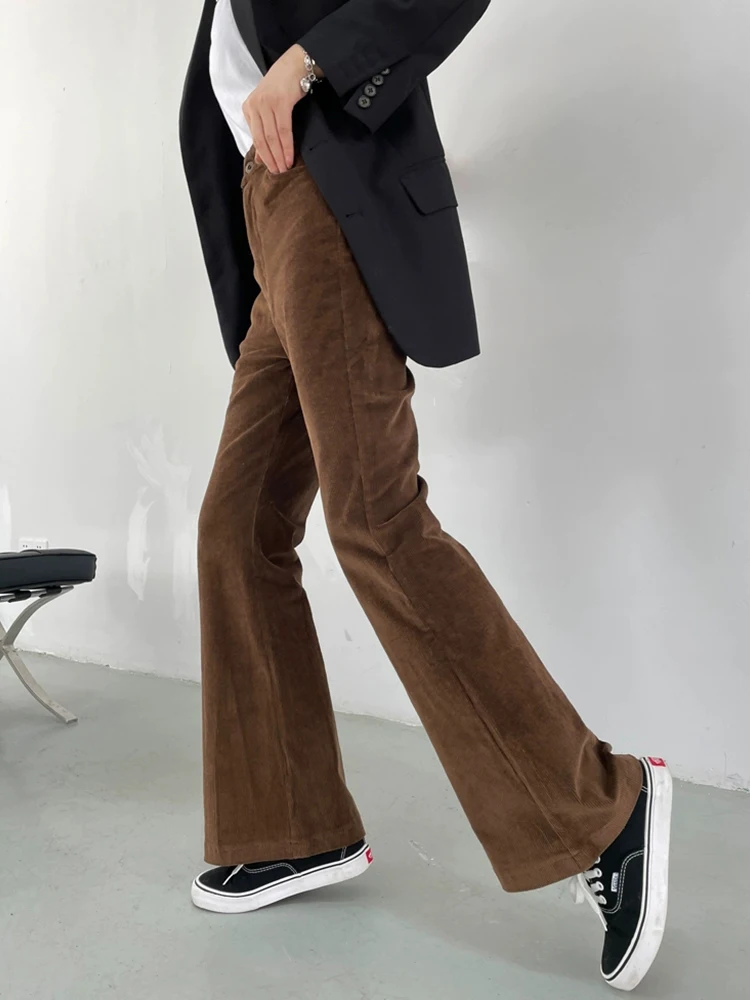 Spodnie damskie PBAP Retro Corduroy Solid Bootcut, dopasowane, elastyczne, długie spodnie z wysokim stanem, dzwony, eleganckie do biura, codzienne ubrania.