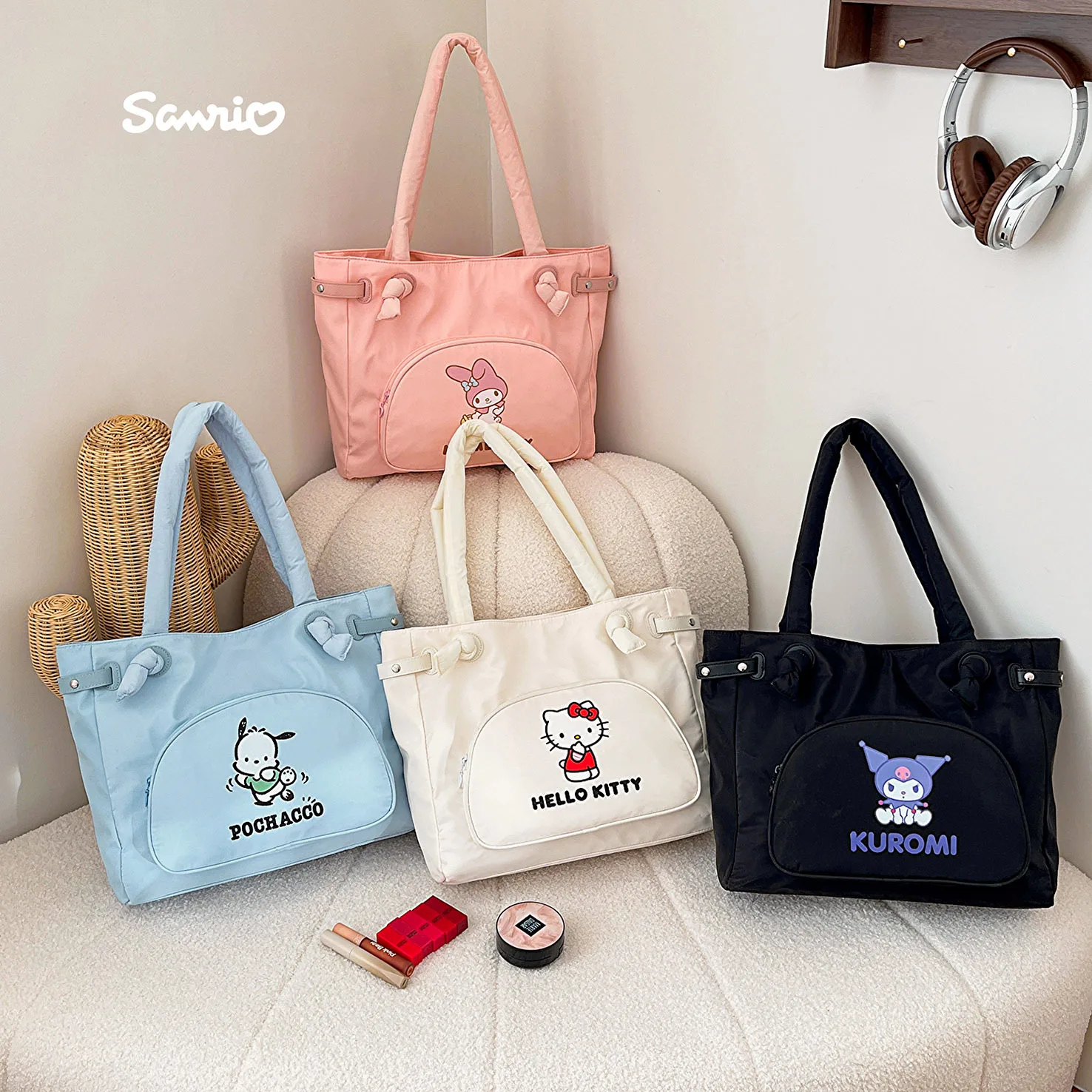 Hello Kitty Women's Bag Tote Bag Sanrio Fashion Cute Kulomi Melody Pacha Dog Print Large Capacity Travel Handbags Shoulder Bag