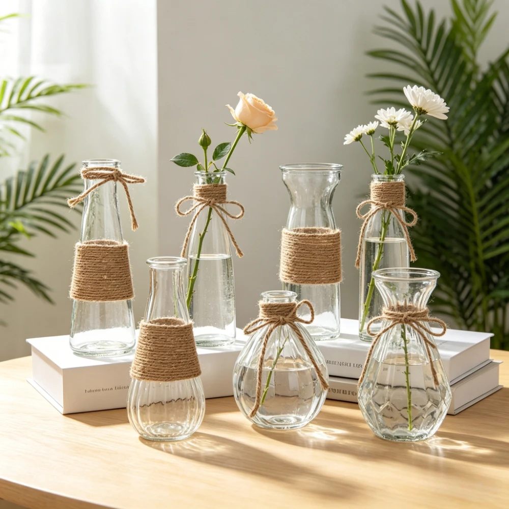 6Pcs Transparent Glass Vase Set DIY Hemp Rope Craft Water Nourishing Flowers Wedding Living Room Decoration Flower Planter