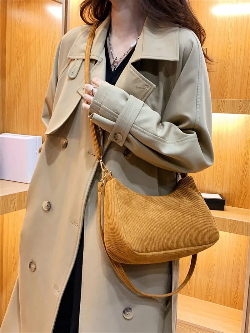 Solid Color Corduroy Women Shoulder Bag Luxury Designer Handbag Korean Casual Crossbody Bags Zipper Messenger Underarm Tote Bag