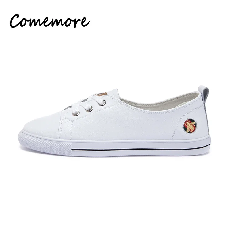 Comemore Fashion 2023 Women\'s Slip-on Shallow Shoe Summer Leather Women Casual White Vulcanized Shoes Sneakers Comfortable Flats