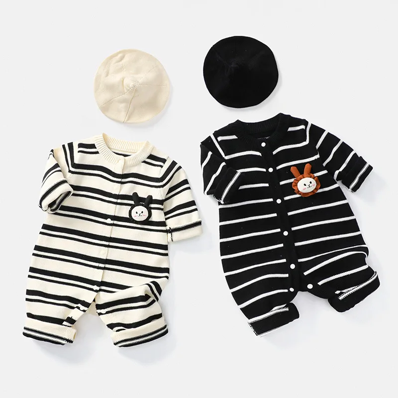 New Autumn and Winter Knitted Jumpsuit for Infants and Young Children, Women's Clothing, Spring Men's Striped Crawling Clothes