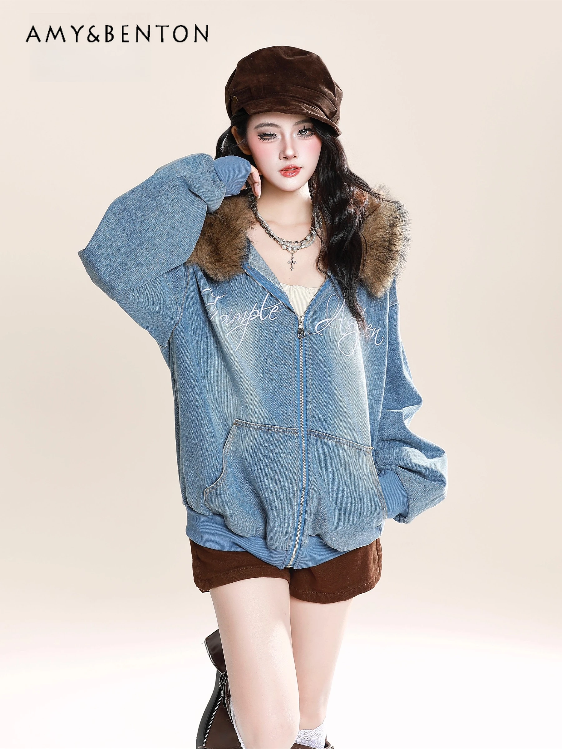 

2025 Spring and Autumn American Retro Letter Embroidery Fur Collar Hooded Denim Jacket Versatile Loose Casual Blue Cardigan