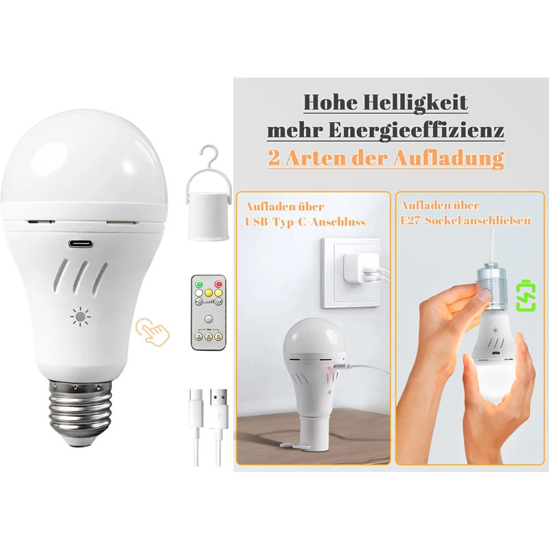 USB Rechargeable Light Bulbs with Remote 3 Color Temperatures Dimmable Operated Light Bulb， Wireless wall lamp， Timer