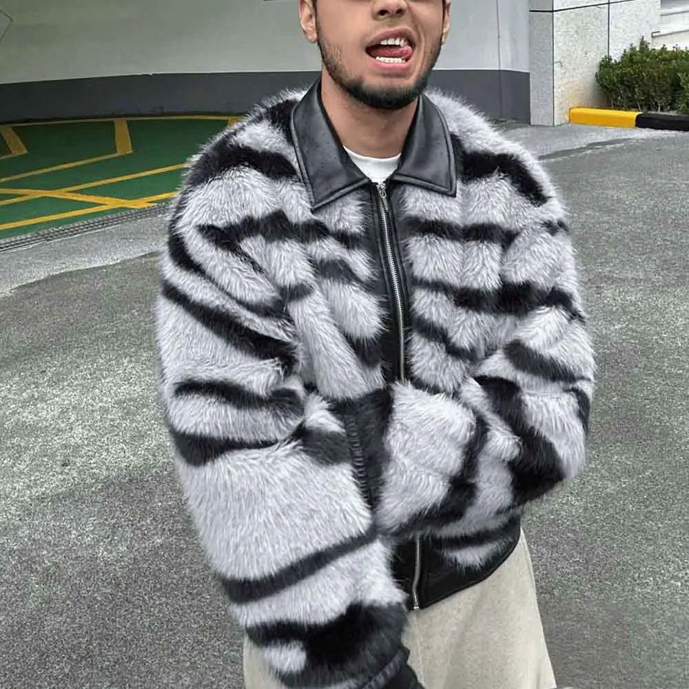 

Winter New Men's Zebra Print Long-Sleeved Fur Coat American Retro Fashion Trendy High Street Loose Casual Niche Men's Top