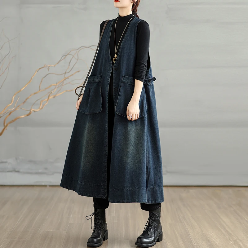 

Джинсовое платье миди с завышенной талией, женское повседневное весенне-осеннее новое пальто выше колена на пуговицах, хлопковая юбка со средней талией