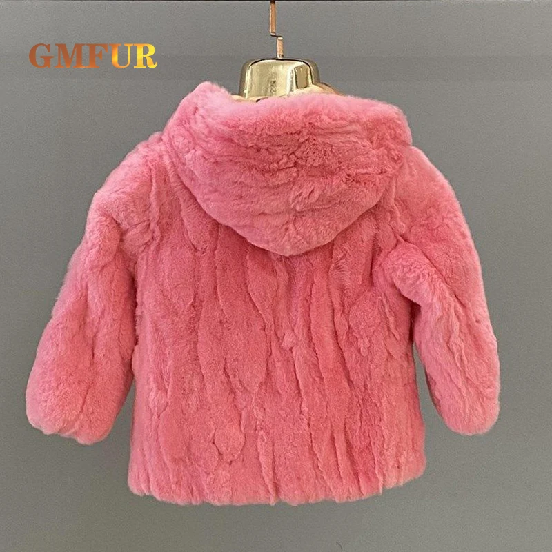 Winter New Rex Rabbit Fur Coat Children Fashion Hooded Jackets For Girl Boy Outerwear Thickened Warm Kawaii Kids Clothing