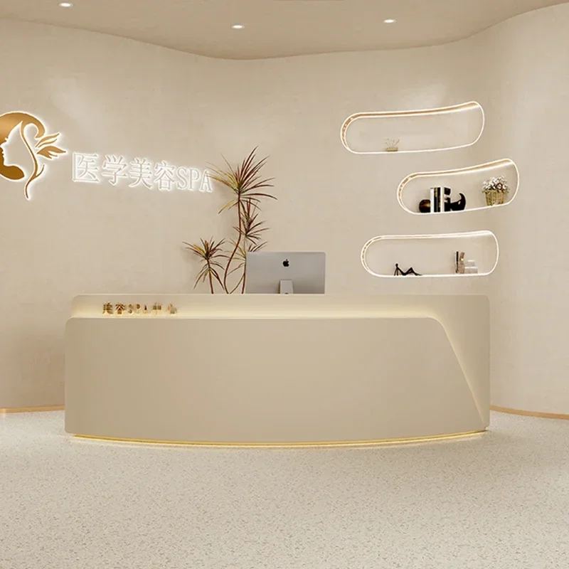 Reception Salon Plexiglass Furniture Luxury Office Counter Professional Home Help Desk Gold Floaoting Shelf Escritorio Curved