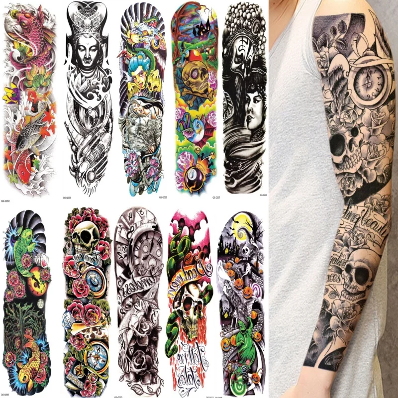

Temporary Tattoo Full Arm Sleeve Buddha Skull Waterproof Realistic Fake Tattoos for Men Woman Party Favors Tatuajes Temporales