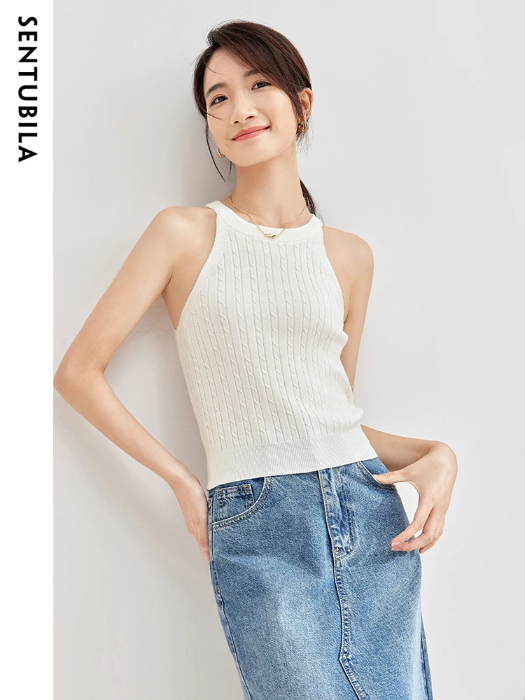 SENTUBILA Women\'s Halter Vest Spring Autumn New Knitted Slim Sexy Fashion Pullover Solid Versatile Tops Woman Clothing W33I52187