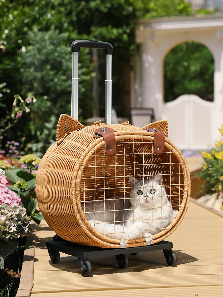 

Trolley case cat bag for outdoor use, portable rattan woven cart, breathable cage, box for outdoor use, pet