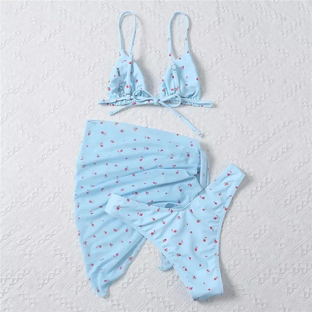 Sexy Blue Floral Print Holiday Swimwear String Triangle 3 Piece Bikini Set Sexy Swimsuit Women Biquinis 2026 Bikinis De Mujer