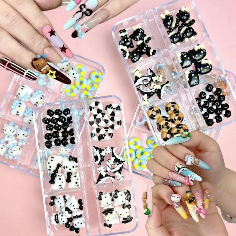 1Box New Black Skin Double Colors Cats Nail Charms Blue Brown Dolphin Coconut Tree Minimalist Bows Nail Art Decorations for DIY