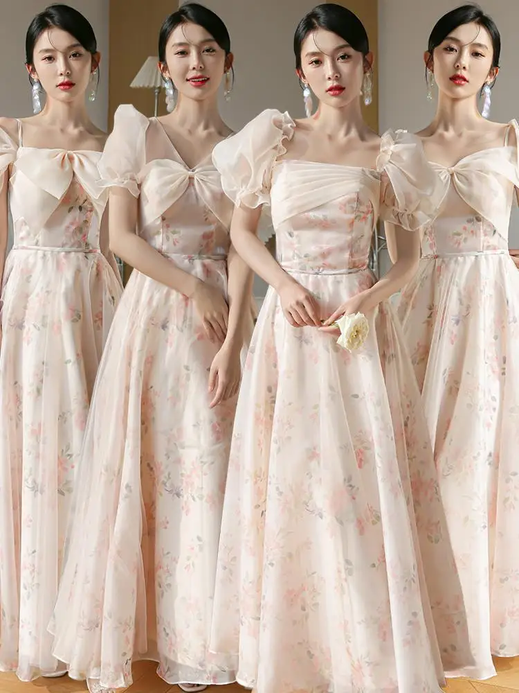 

Elegant Pink Women Bridesmaid Dresses Sister Group Floral Print Wedding Party Dress Formal Occasion Banquet Gowns