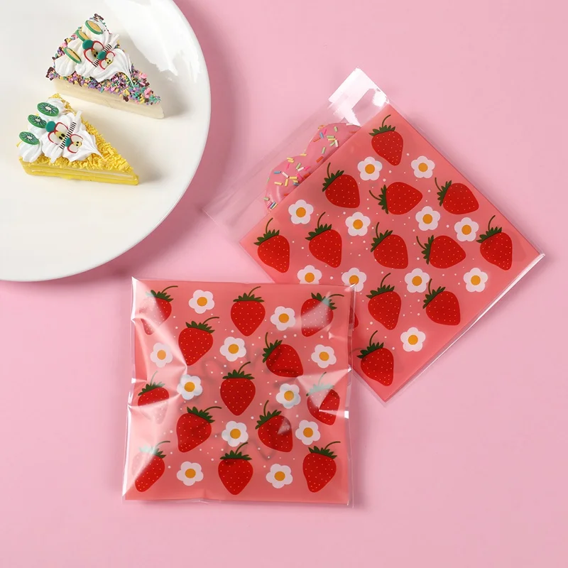 Strawberry Self-adhesive Bags Pink Strawberry Cellophane Bags Girls Party Favor Candy Gift Packaging Bag Birthday Party Decors