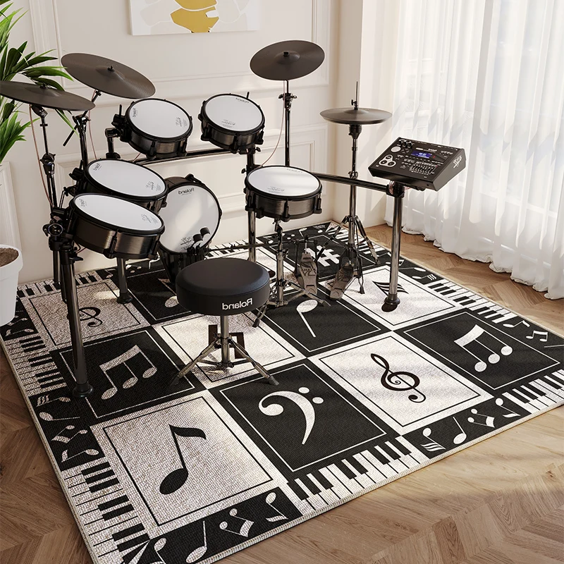 

Drum Set Special Carpet Study Bedroom Soundproof Carpets Musical Note Pattern Floor Mat Minimalist Black and White Plaid Rug 양탄자