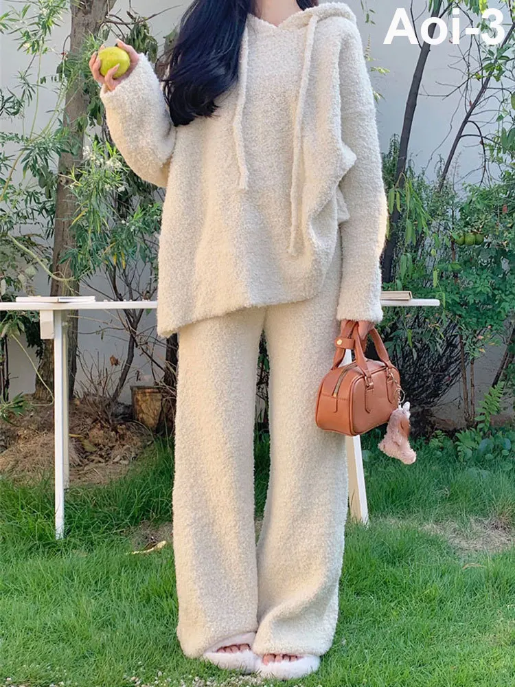 Korean Loose Knitted Suit Women's 2023 Autumn Winter Soft Waxy Hooded Long Sleeve Sweater+Casual Wide-Leg Pants Two-Piece Set