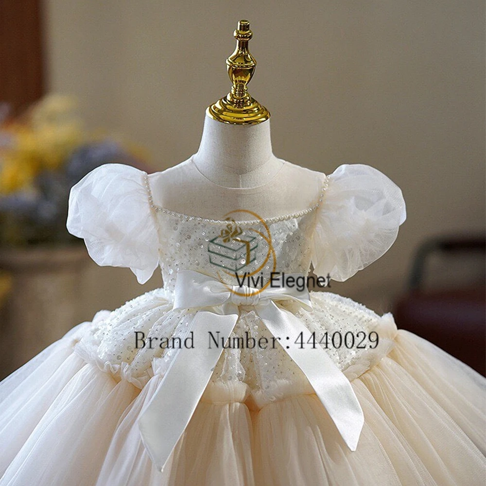 Modern Ivory Short Sleeve Flower Girls Dresses for Kids Real Picture 2024 Summer Tiered Wedding Party Dresses with Sequined Bow