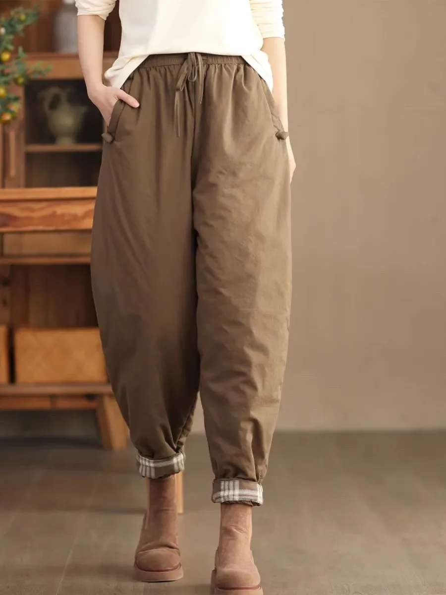 Retro Patchwork Outerwear Women Cotton-padded Trousers 2024 New Winter Office Lady Casual Loose Quilted Harem Pants Pantalones