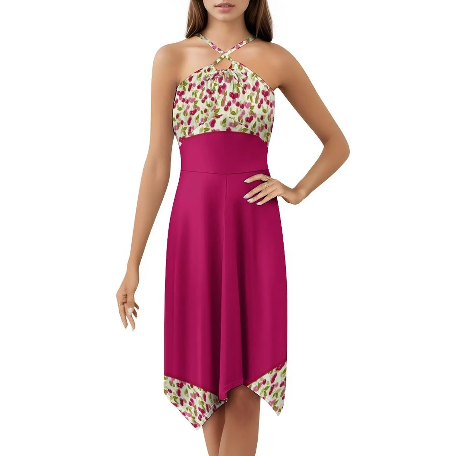 Gaun Boho Chic Kain Ceri Merah dan Multiwarna Motif Kombinasi, Gaun Pesta Pernikahan Pantai Elegan dan Modis