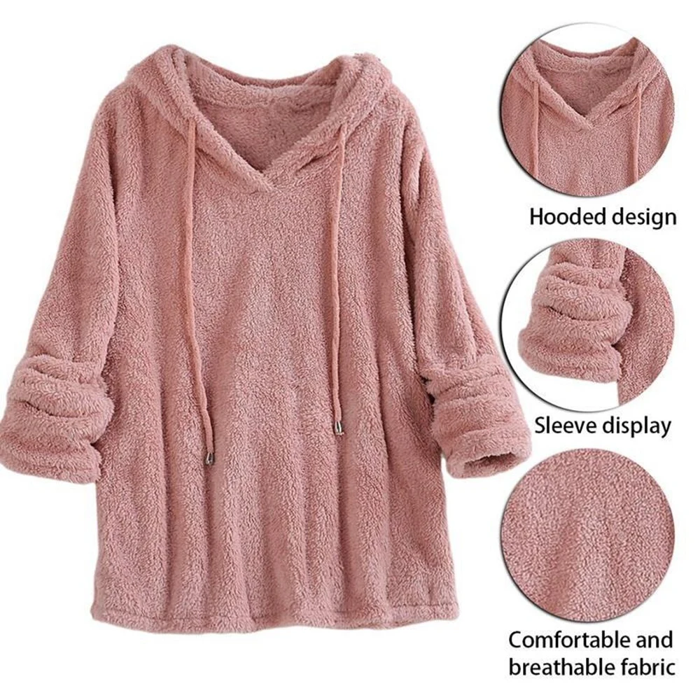 

Плюшевая женская толстовка с капюшоном, длинными рукавами и однотонным дизайном, идеально подходит для домашнего клуба и использования на открытом воздухе.