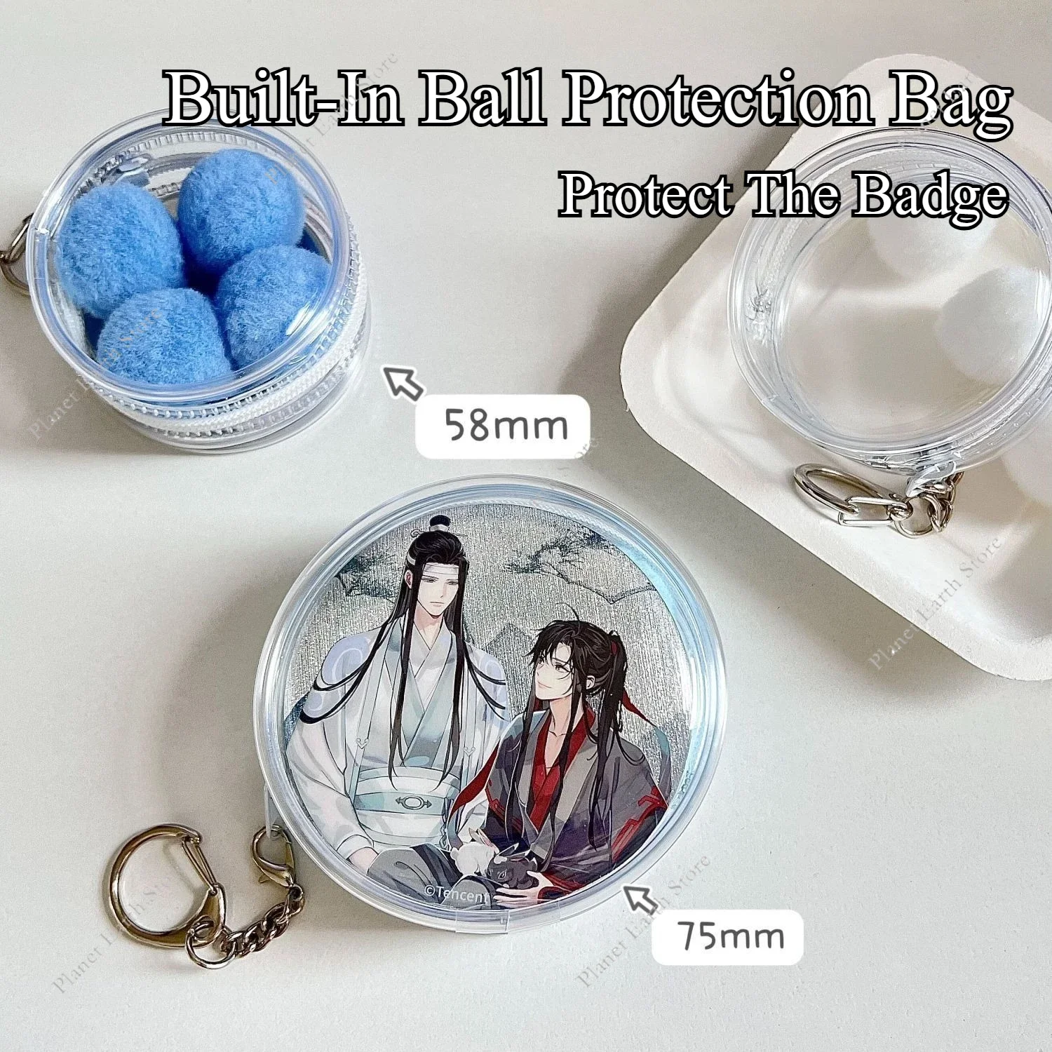 58-75MM Badge Display Bag Pendant Double-Sided Round Transparent Window Badge Protector Bag - Random Color Wool Ball + Pendant