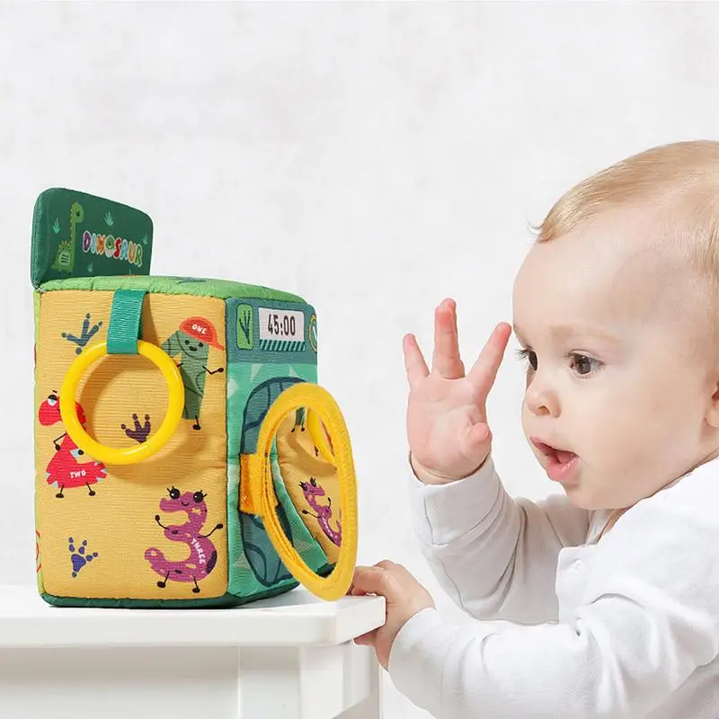 Caja de pañuelos para bebé, caja de pañuelos masticable suave con forma de lavadora de dibujos animados, juguete sensorial, juego de Aprendizaje Temprano para niños