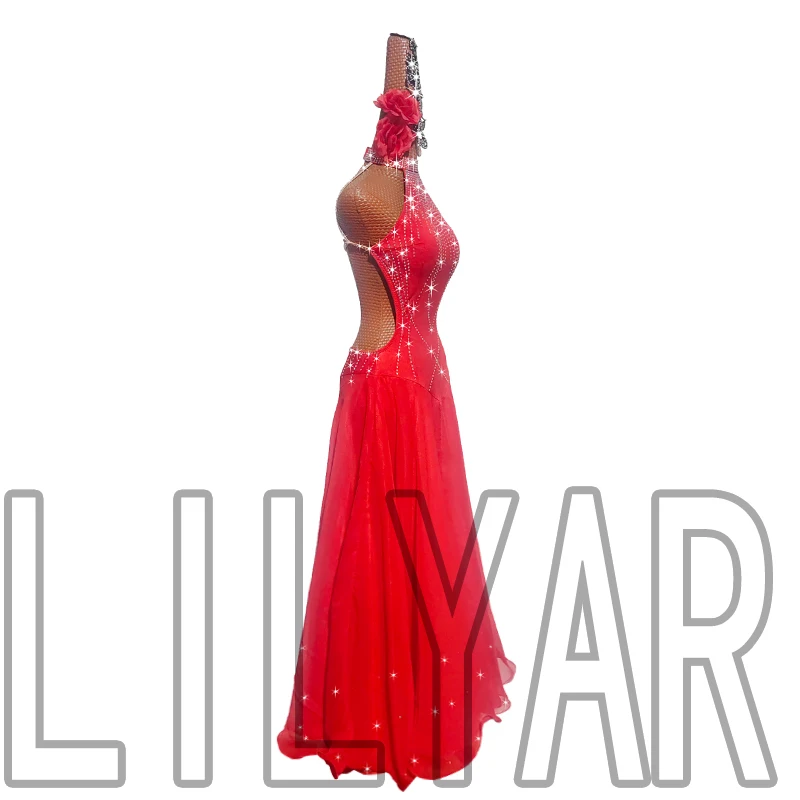 New Modern Dance Skirt Competition Performance Adult Female Red Sleeveless Large Swing Long Backless Diamond Dance Skirt