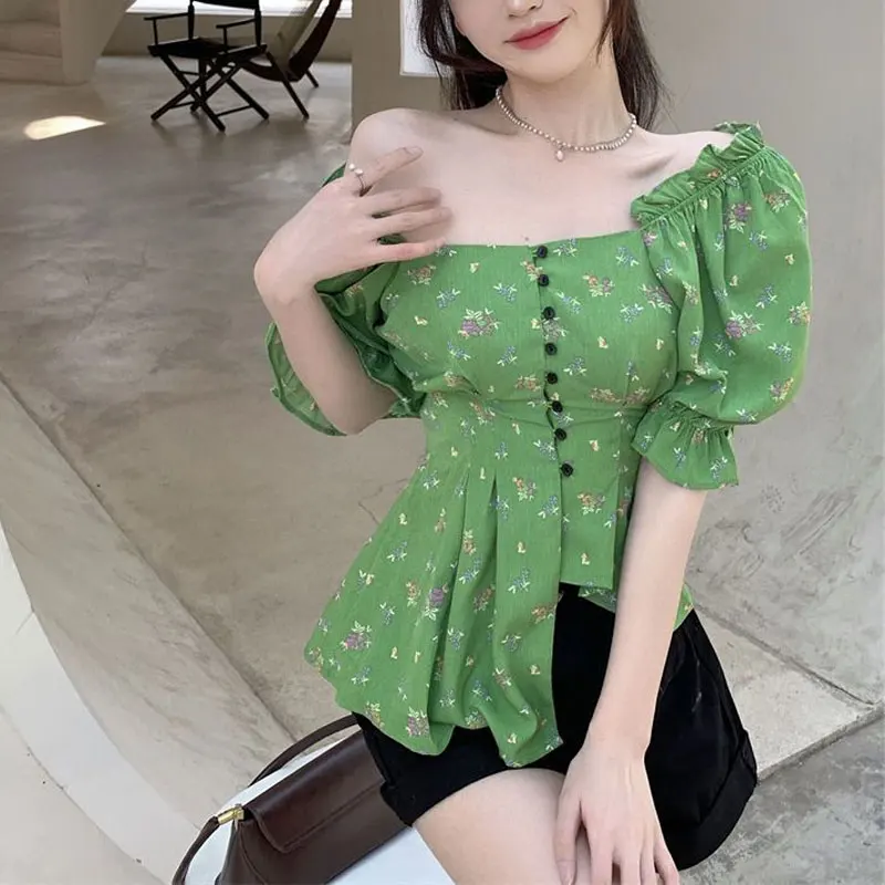 Hotsweet Stand Collar Waist Shirt 2024 Summer Puff Sleeve Women\'s Clothing Broken Flowers Fashion Asymmetrical Folds Slim Blouse