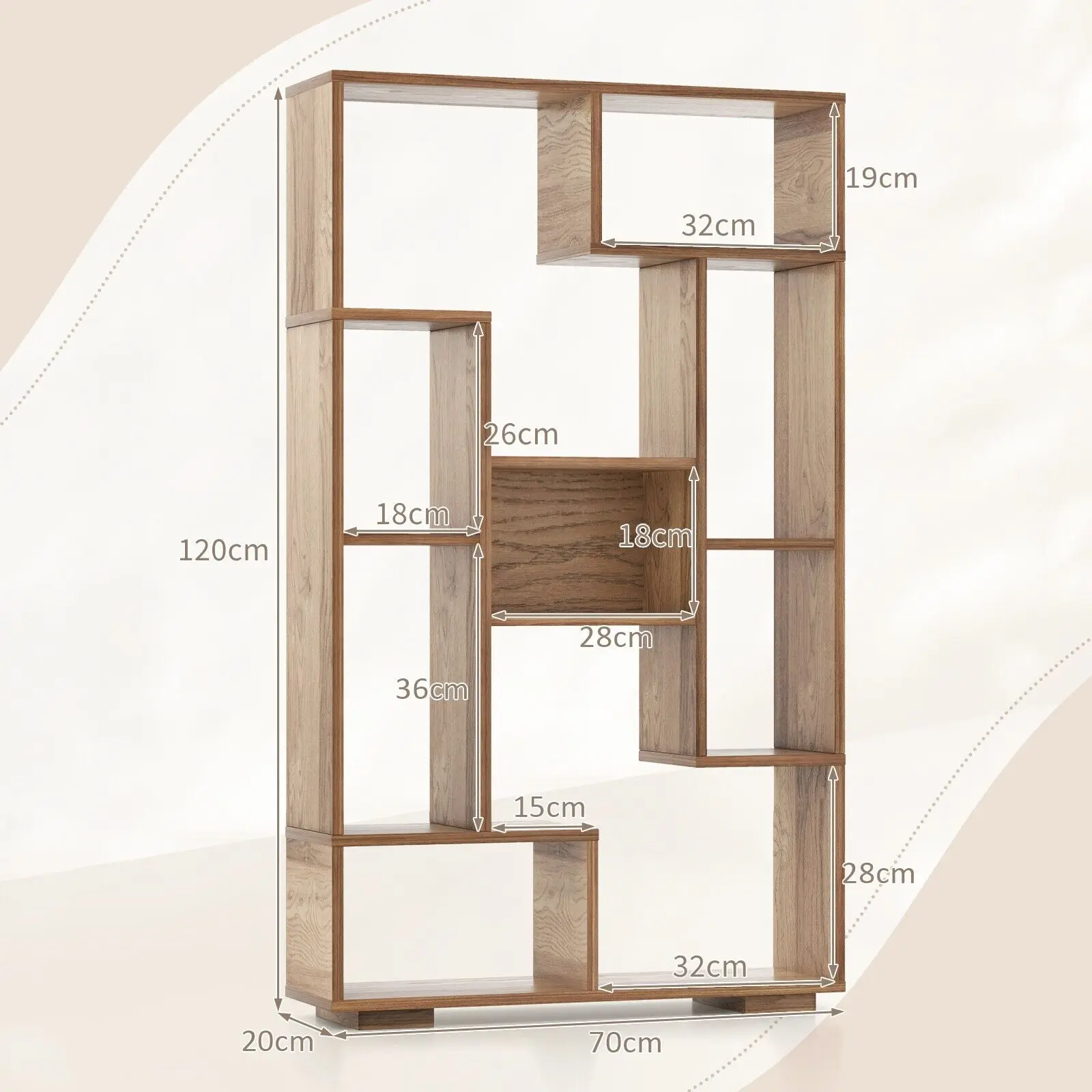 GOFLAME Geometric Bookcase, 120 CM Wood Decorative Storage Shelving, Tall Bookshelf Unit with Anti-tipping Kits