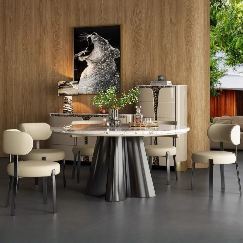 

Light luxury dining table and chairs negotiation table premium Italian stainless steel marble luxury stone round dining table