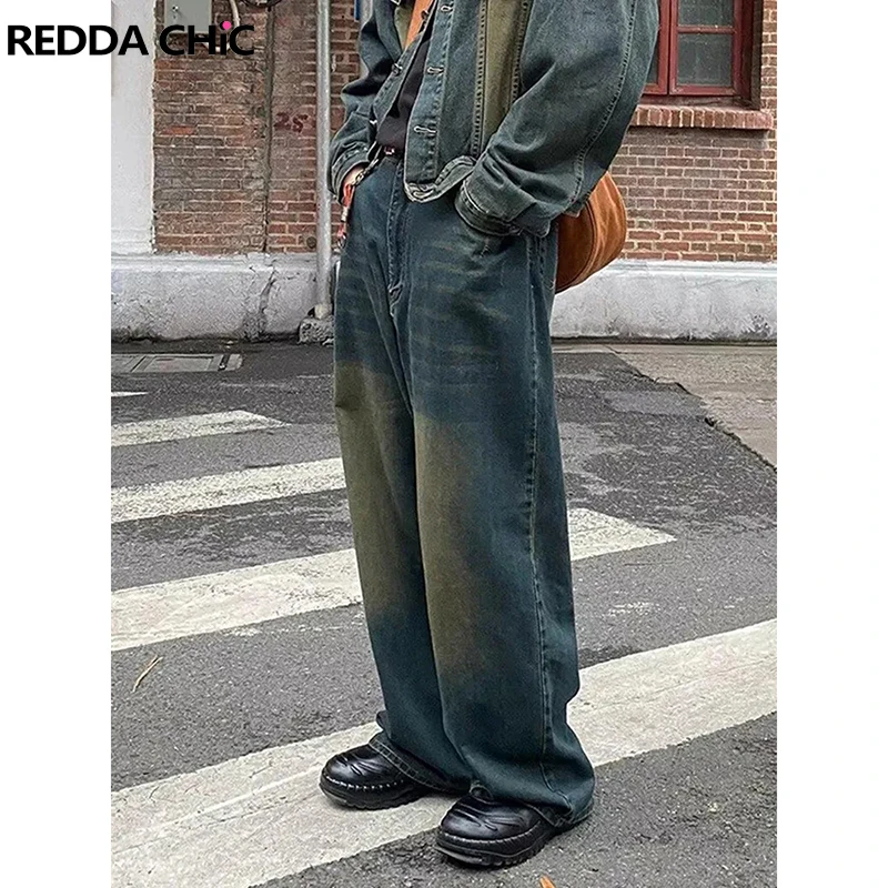 REDDACHiC Vintage Green Wash Baggy Jeans for Men New Casual Wide Leg Adjust Waist Y2k Pants Street Style Work Wear Male Trousers