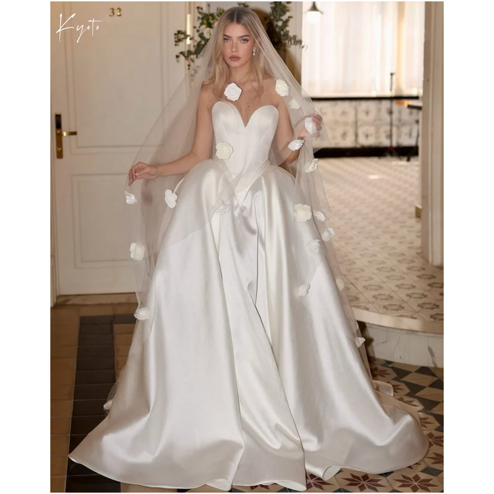 

Kyoto Customized White Satin Sweetheart Collar A-line Wedding Dress Strapless vestidos de novia Court Train Evening Dresses 2025