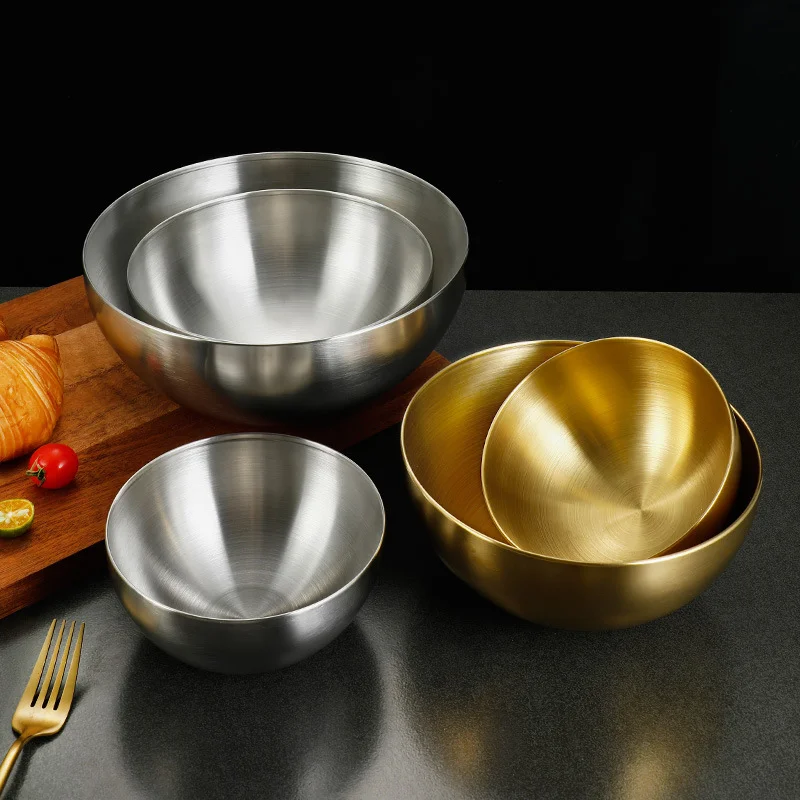 Ensaladera coreana de acero inoxidable, cuenco de cocina multifuncional, cuenco para Fideos, cuenco redondo dorado y plateado, cuenco de 12/15/18/20/25/28cm