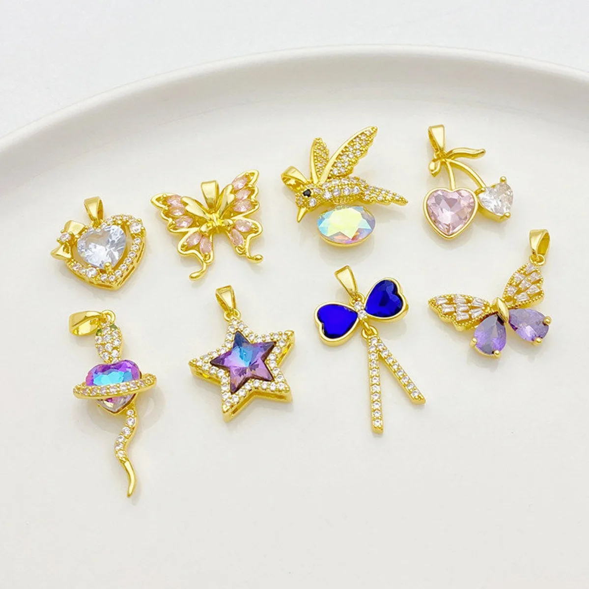 18K Gold Plated Inlaid Cubic Zirconia Butterfly Cherry Pentagram Charm Pendant DIY Findings for Bracelet Necklace Jewelry Making