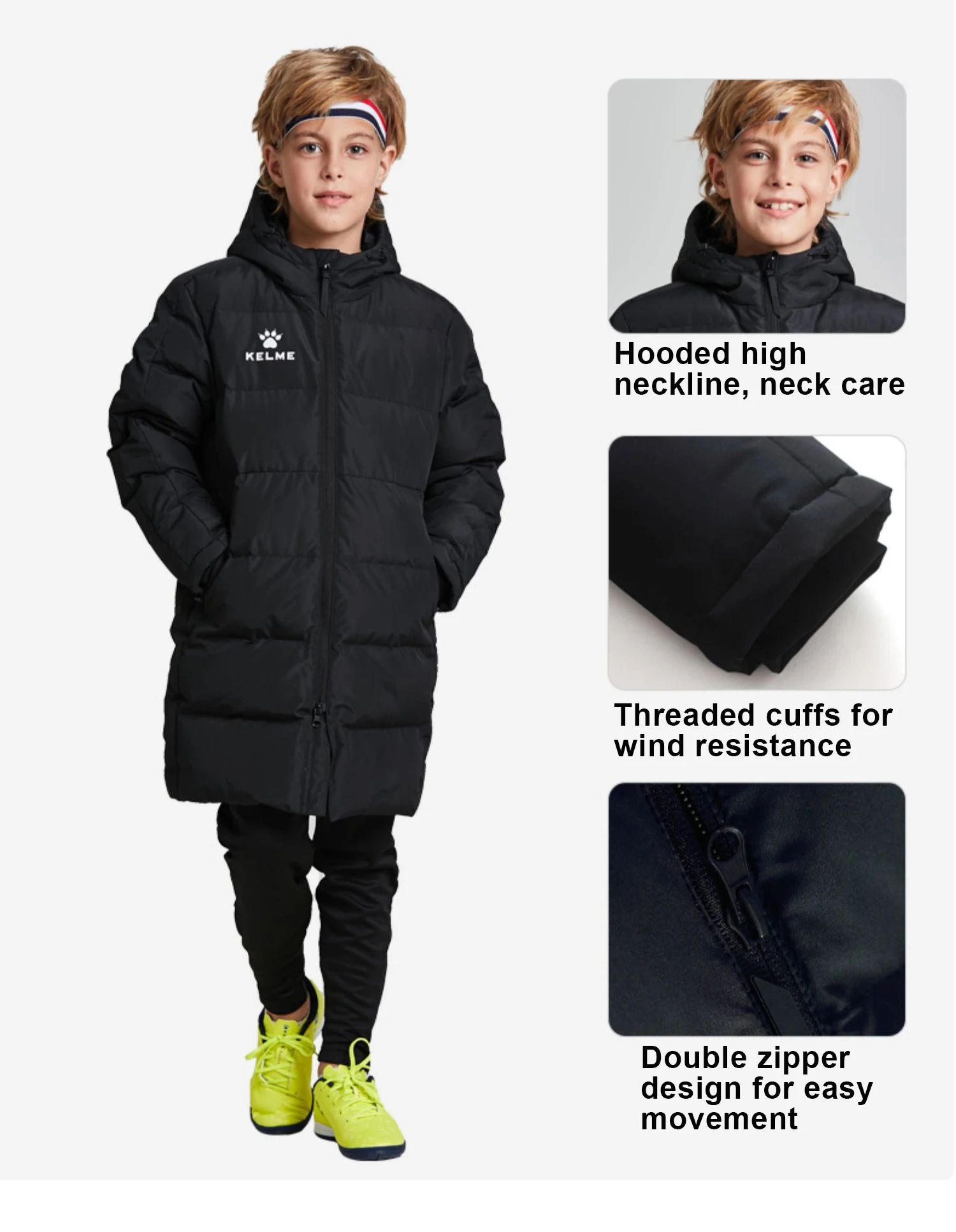 KELME Kid Winter Jacket Long Solid Sports Training Coat Child Overcoat Outrwear Warm Cotton Padded Winter Coat Boys Girl 3883406