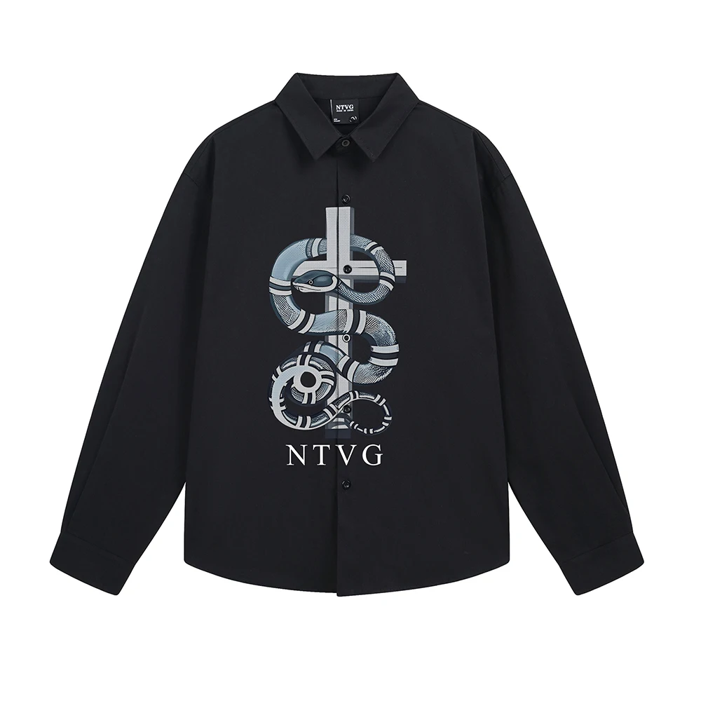 Cartoon Snake Print Men's Shirts Y2k Streetwear Designer Tops Oversized Long Sleeve Shirt Korean Fashion Japan Style Man Clothes